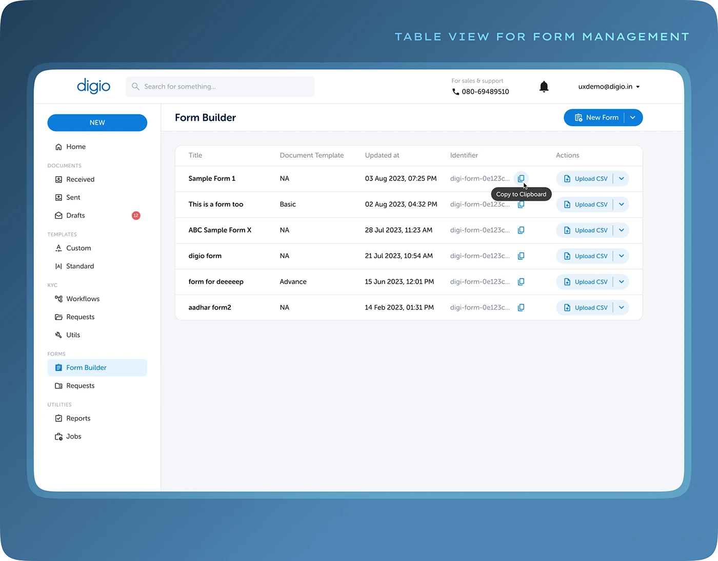 Digio form management interface showing a list of forms and their identifiers, a design reference by Dhairyadev Arora